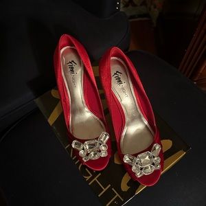 Fioni Nights red dress heels with jeweled peek a boo toe. Size 9.